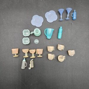 Vtg Barbie Dollhouse Cups Plates Bottles Frosted Clear Various colors